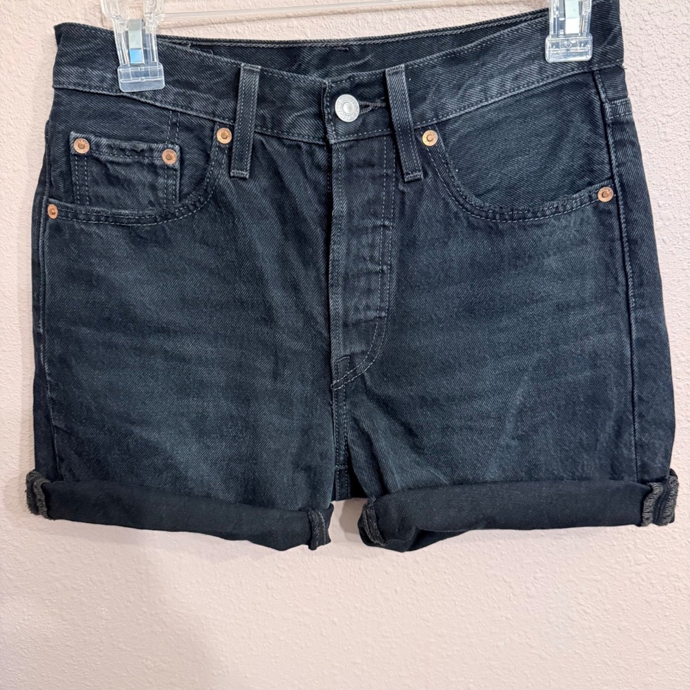 Vintage Levis Premium 501 S Big E Black Denim Cutoffs High Waist Button Fly W 27